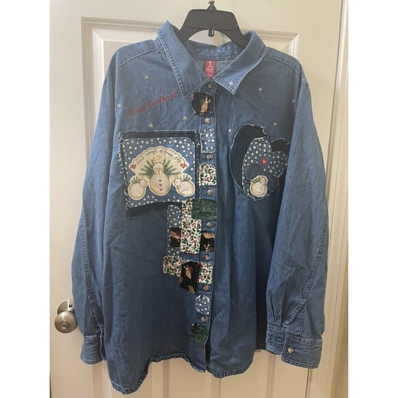 VINTAGE Denim Christmas Shirt Button Up Embroidered patchworks HANDMADE 4xL - Picture 1 of 13